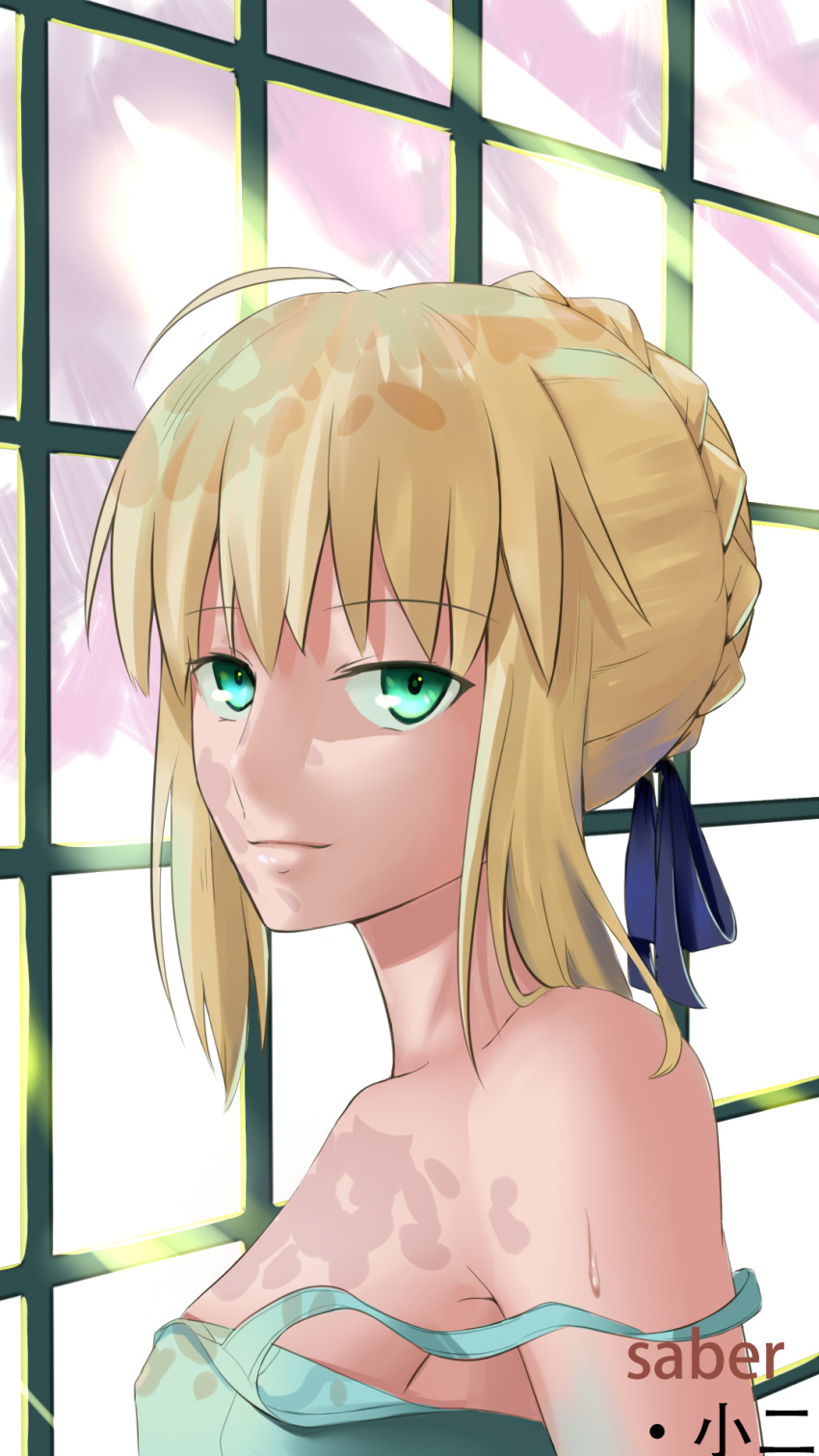 1girl ahoge alternate_costume artoria_pendragon_(all) blonde_hair blue_ribbon braid breasts character_name cherry_blossoms er_ci_gudu fate/grand_order fate/stay_night fate_(series) french_braid hair_ribbon highres looking_at_viewer ribbon saber sideboob sidelocks solo strap_slip sweat