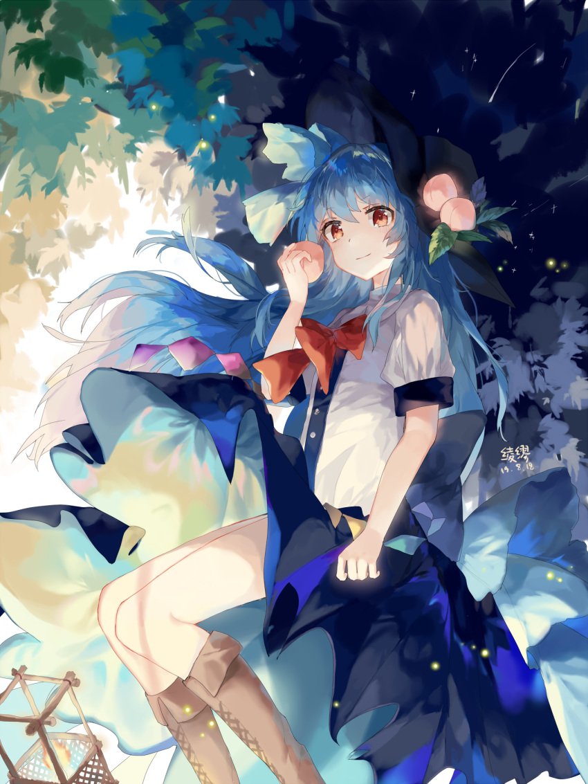 1girl bare_legs blue_hair blue_skirt boots bow brown_footwear dress_shirt food from_below fruit hand_up hat highres hinanawi_tenshi lantern leaf ling_mou long_hair looking_at_viewer neck_ribbon peach puffy_short_sleeves puffy_sleeves rainbow_order red_bow red_eyes ribbon shirt short_sleeves skirt touhou white_shirt