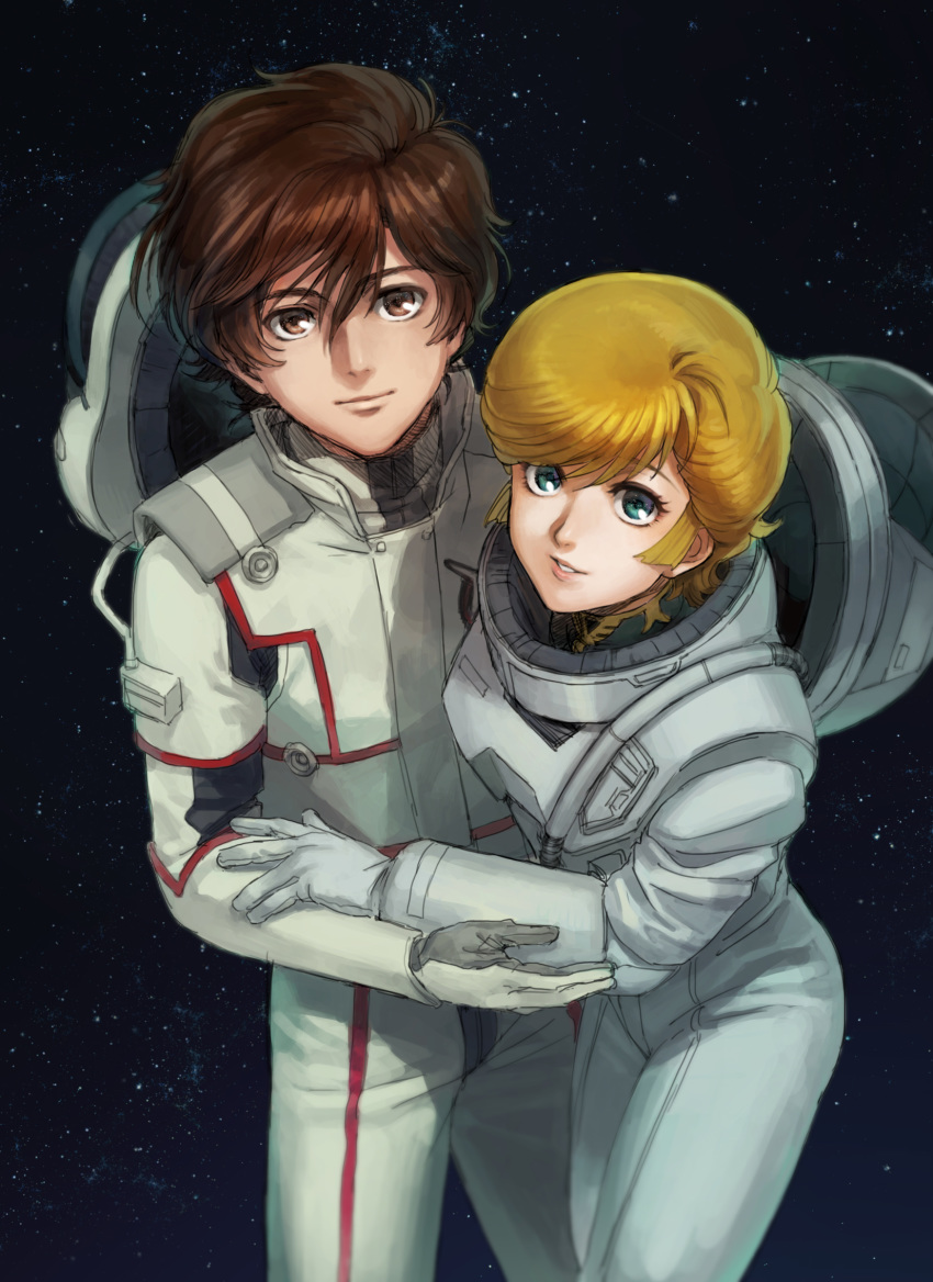 1boy 1girl audrey_burne banagher_links bangs blonde_hair bodysuit brown_eyes brown_hair closed_mouth green_eyes gundam gundam_unicorn helmet highres looking_at_viewer mosako parted_lips shiny shiny_hair short_hair sky smile star_(sky) starry_sky swept_bangs white_bodysuit