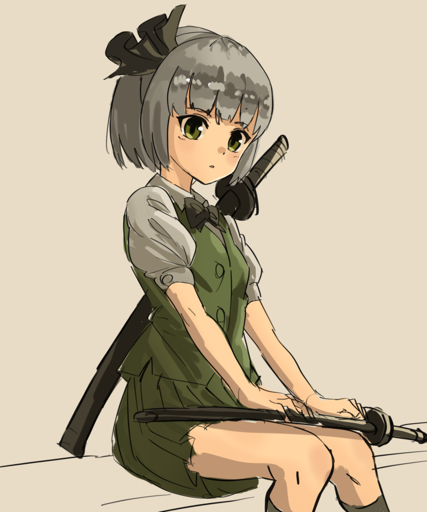 1girl absurdres bangs black_bow black_neckwear black_ribbon bow bowtie breasts collared_shirt green_eyes green_skirt green_vest grey_hair hair_ribbon highres katana knees_together konpaku_youmu miniskirt nob1109 pleated_skirt puffy_short_sleeves puffy_sleeves ribbon sheath sheathed shirt short_hair short_sleeves sitting skirt skirt_set small_breasts solo sword touhou vest weapon white_shirt