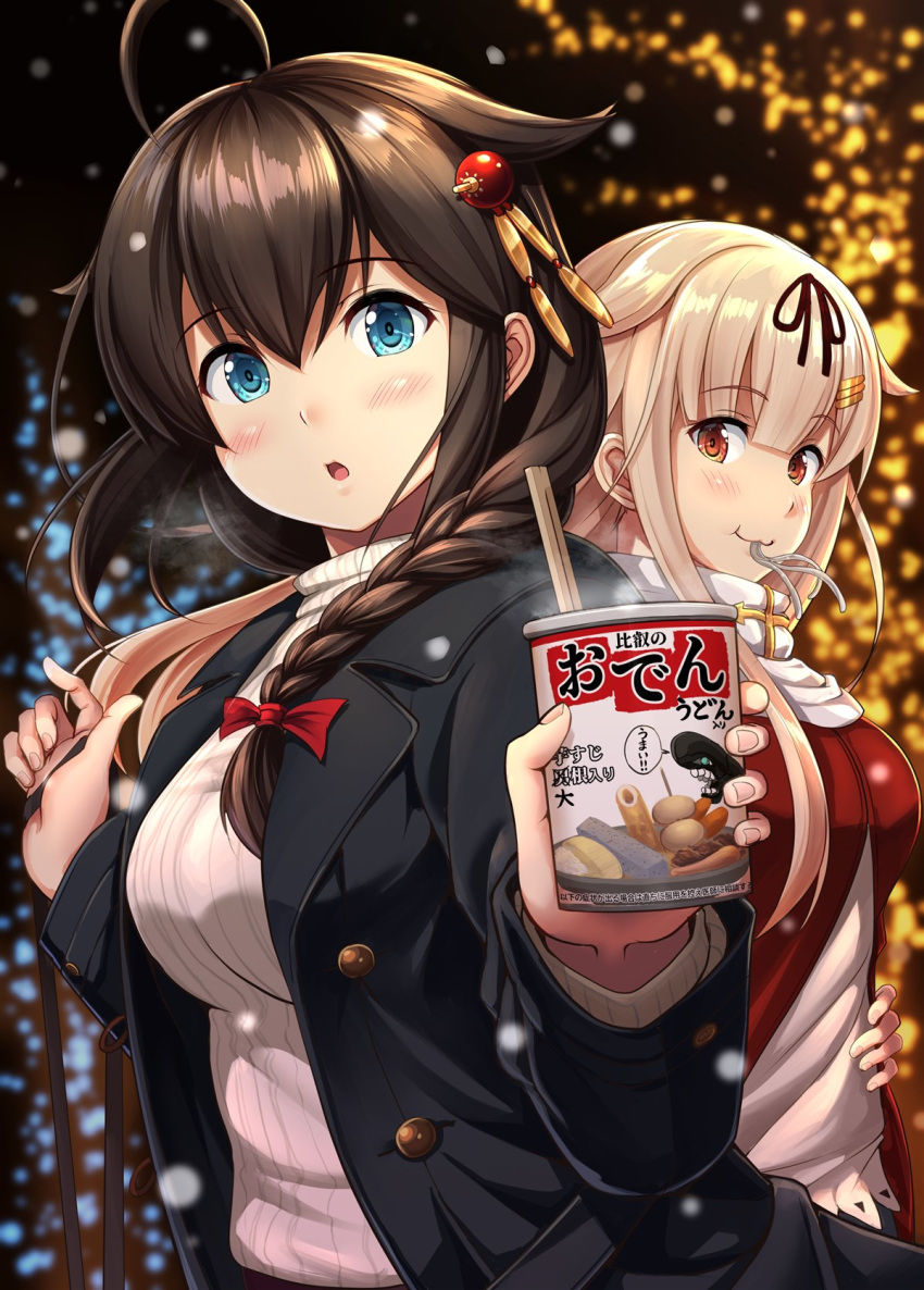 2girls ahoge alternate_costume black_hair black_jacket blonde_hair blue_eyes braid chopsticks commentary_request cup_ramen eating food hair_flaps hair_ornament hair_over_shoulder hair_ribbon hairclip highres ichikawa_feesu jacket kantai_collection long_hair looking_at_viewer multiple_girls oden open_mouth outdoors red_eyes red_jacket remodel_(kantai_collection) ribbon scarf shigure_(kantai_collection) single_braid snow upper_body white_scarf winter_clothes yuudachi_(kantai_collection)