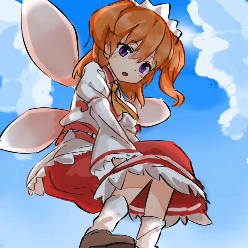 1girl :o ascot bangs blue_sky brown_footwear cloud day eyebrows_visible_through_hair fairy fairy_wings flying hair_between_eyes headdress highres juliet_sleeves long_sleeves medium_hair nob1109 obi open_mouth orange_hair orange_neckwear outdoors puffy_sleeves purple_eyes red_skirt sash shirt shoes skirt sky socks solo sunny_milk touhou two_side_up white_legwear white_shirt wings