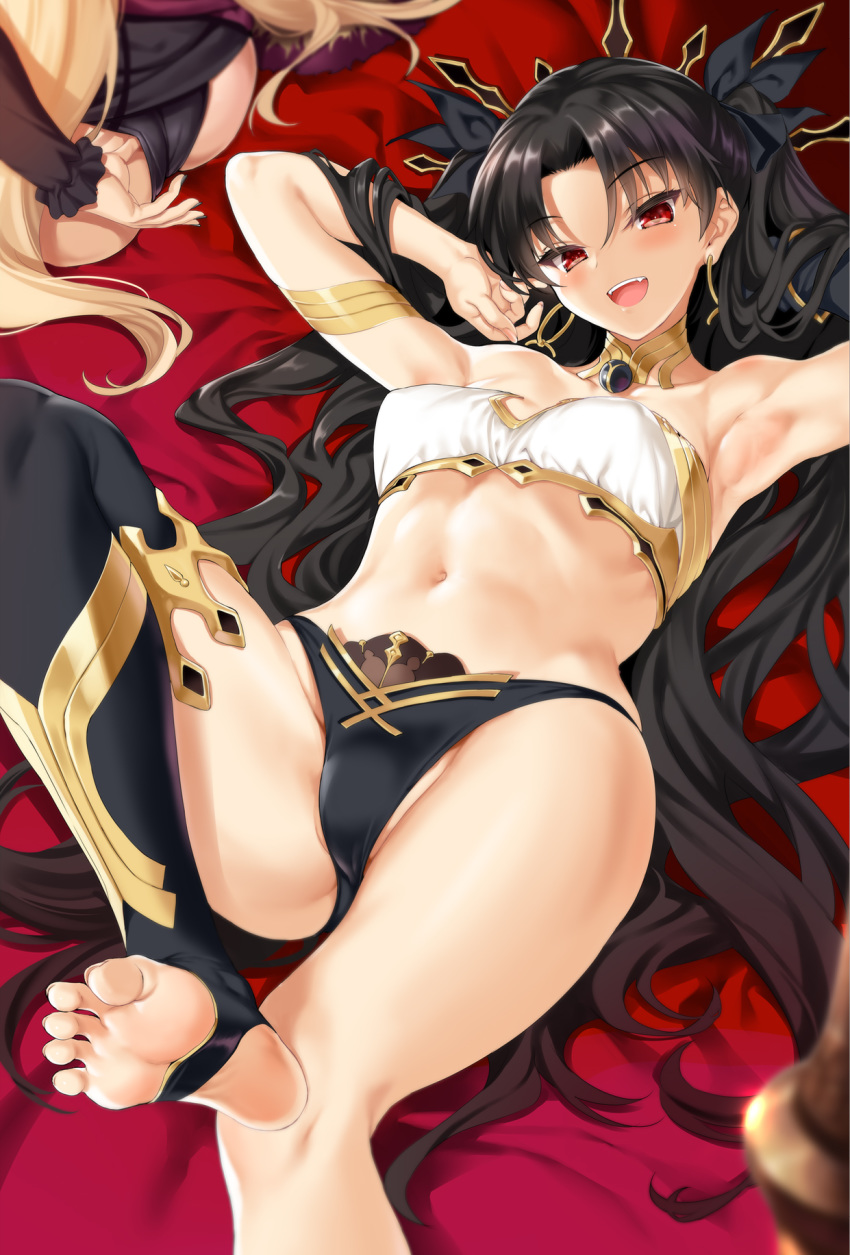 2girls :d adjusting_clothes armpits arms_up ass bangs barefoot bed_sheet bikini black_bikini_bottom black_bow black_hair black_legwear blonde_hair blush bow breasts collar commentary_request earrings ereshkigal_(fate/grand_order) eyebrows_visible_through_hair fate/grand_order fate_(series) feet hair_bow highres hoop_earrings ishtar_(fate/grand_order) jewelry kure_masahiro long_sleeves looking_at_viewer lying mismatched_bikini multiple_girls navel on_back open_mouth parted_bangs red_eyes single_thighhigh small_breasts smile soles solo_focus stirrup_legwear stomach swimsuit thighhighs toeless_legwear toes two_side_up upper_teeth white_bikini_top