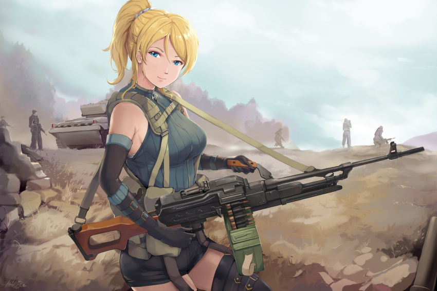 1girl ayase_eli black_gloves black_shorts blonde_hair blue_eyes breasts commentary day elbow_gloves english_commentary gloves gun highres hiroki_ree holding holding_gun holding_weapon looking_at_viewer love_live! love_live!_school_idol_project machine_gun medium_breasts pkm ponytail scrunchie shorts sleeveless vehicle_request weapon white_scrunchie