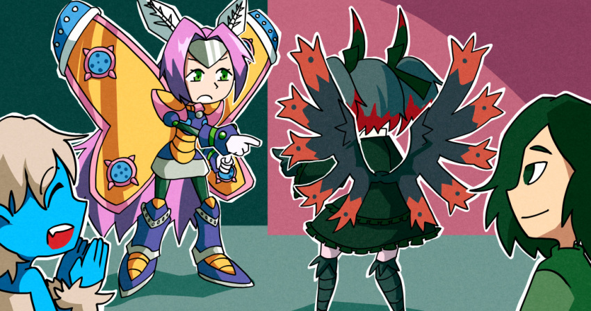 4girls alley amused angry black_hair blue_skin center_frills closed_eyes crossover dofus dress face-to-face fang frilled_dress frills fur_trim genderswap genderswap_(mtf) gloves gothic_lolita gradient_hair green_eyes green_hair height_difference ignitrix laughing lolita_fashion mecha_musume meme messy_hair metal_boots metamor_mothmenos monster_girl moth_ears moth_girl moth_wings multicolored_hair multiple_girls osamodas pointing_spider-man pointy_ears purple_hair red_hair respirator rockman rockman_x rockman_x2 setz simple_background source_request warhammer_40k watching white_hair wings