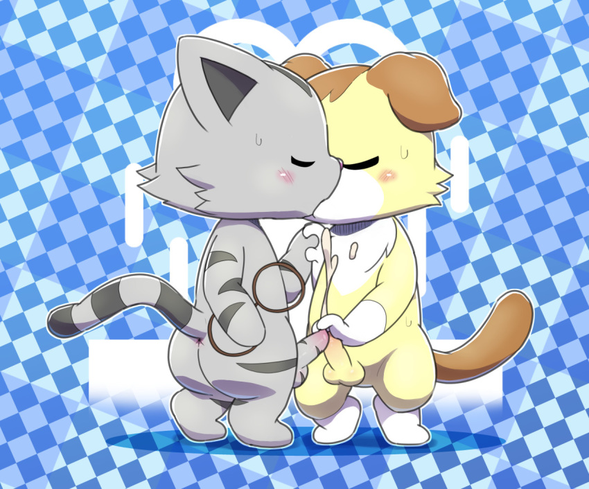 alex_(jewelpet) american_shorthair balls blush bodily_fluids butt chest_tuft cum cum_on_penis domestic_cat eyewear felid feline felis french_kissing frottage genital_fluids glasses jewelpet kissing male male/male mammal ofuro orgasm penis sanrio scottish_fold sex sweat tour_(jewelpet) tuft