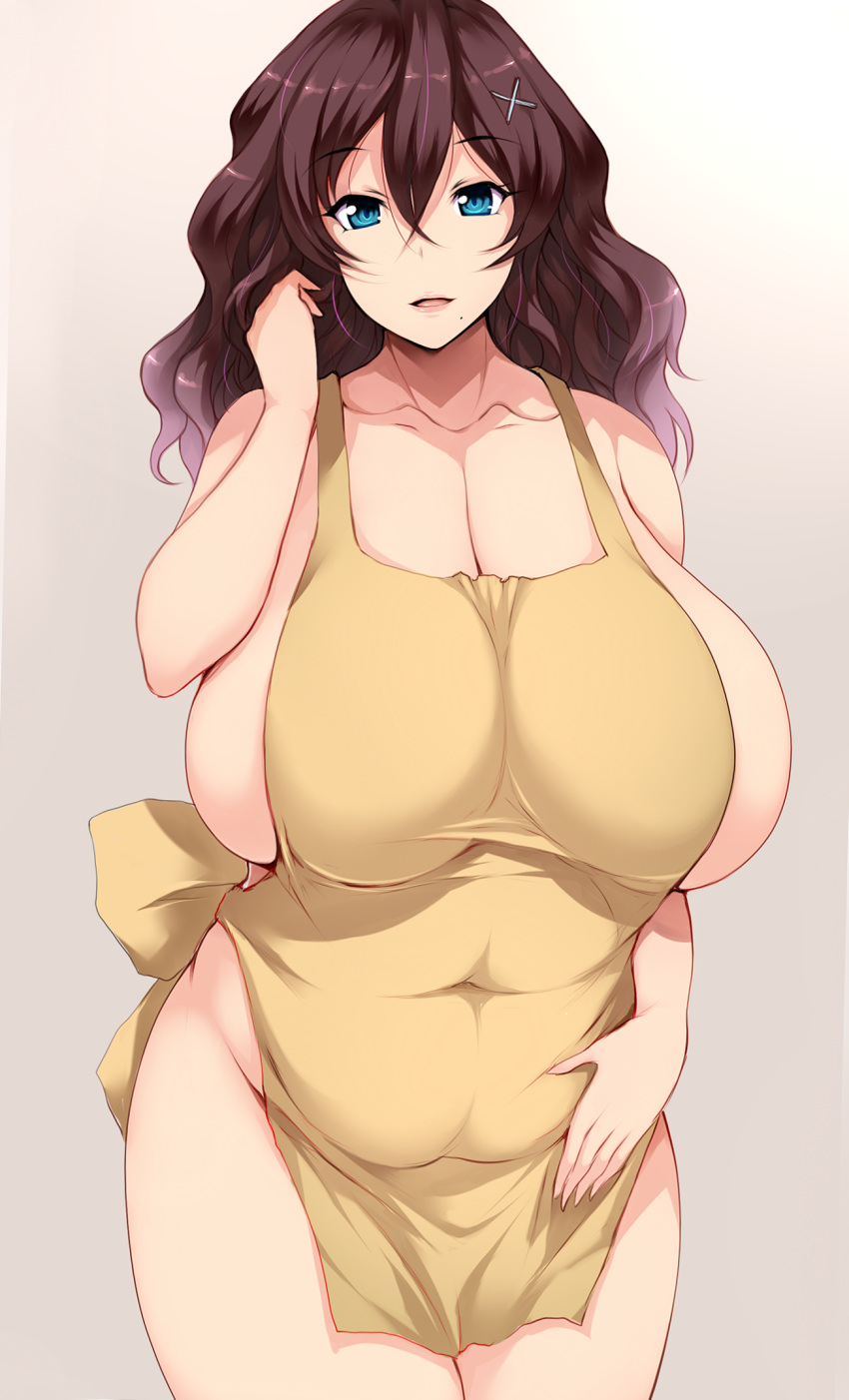 1girl apron bangs bare_shoulders blue_eyes breasts brown_hair collarbone commentary_request covered_navel cowboy_shot curvy eyebrows_visible_through_hair fat gegege_no_kitarou hair_between_eyes hair_ornament highres hip_focus huge_breasts inuyama_junko long_hair looking_at_viewer mature mole mole_under_mouth multicolored_hair naked_apron open_mouth parted_lips pink_hair sidelocks smile solo standing streaked_hair thighs tsukasawa_takamatsu two-tone_hair x_hair_ornament