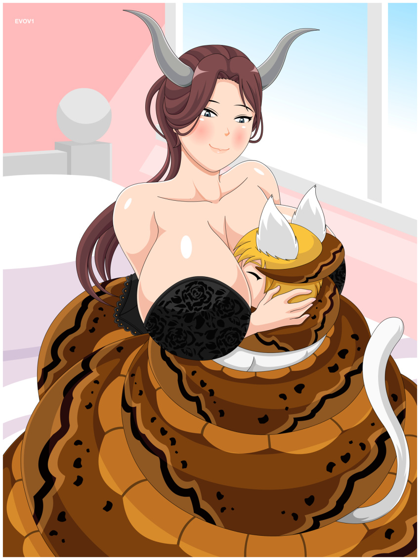 animal_humanoid big_breasts blush breast_smother breasts cat_humanoid conditional_dnp duo evov1 felid felid_humanoid feline feline_humanoid female horn horned_humanoid humanoid lamia mammal mammal_humanoid reptile scalie serpentine smothering snake