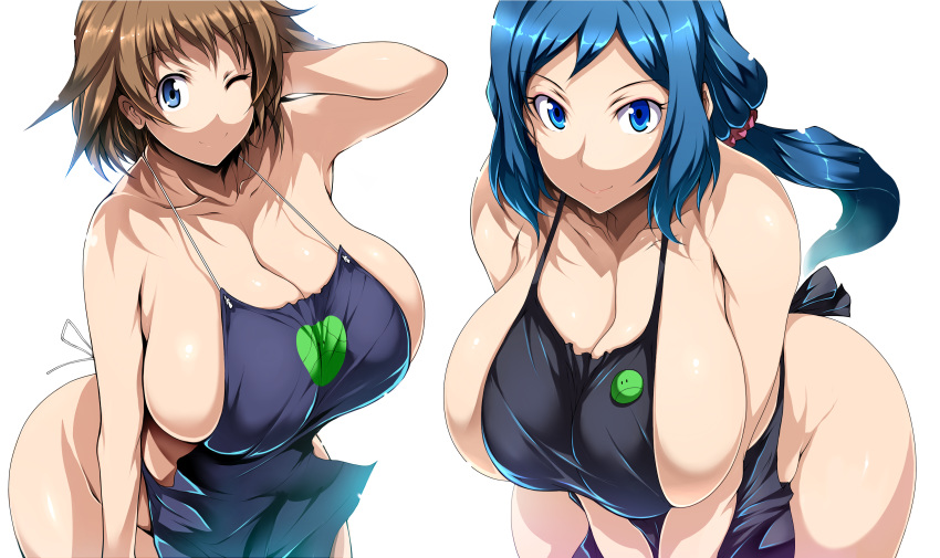 2girls absurdres apron arm_up blue_eyes blue_hair breast_squeeze breasts brown_hair cleavage collarbone eyebrows_visible_through_hair fanbox_reward gundam gundam_build_divers gundam_build_fighters hair_ornament hair_scrunchie highres huge_breasts iori_rinko leaning_forward long_hair looking_at_viewer mature multiple_girls naked_apron nanase_nanami_(gundam_build_divers) one_eye_closed paid_reward purple_scrunchie scrunchie shiny shiny_hair shiny_skin short_hair sideboob simple_background smile standing tsukasawa_takamatsu white_background