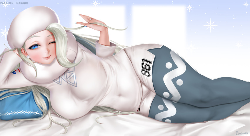 1girl bed bed_sheet blue_eyes blue_legwear blue_nails breasts commentary_request earrings easonx fur_hat galarian_form gym_leader hat jewelry large_breasts legwear_under_shorts looking_at_viewer lying melon_(pokemon) on_side one_eye_closed pantyhose pillow pokemon pokemon_(game) pokemon_swsh ring shorts silver_hair smile snowflakes sweater ushanka white_earrings white_shorts white_sweater window