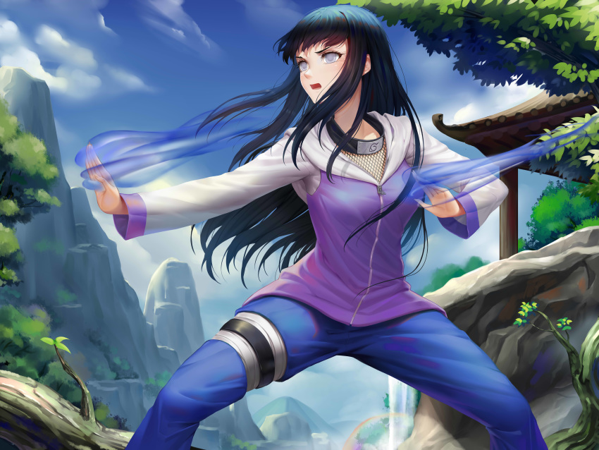 1girl absurdres bandaged_leg bandages bangs black_hair blue_fire blue_pants blue_sky blush breasts building cloud day empty_eyes feet_out_of_frame fighting_stance fire fishnets highres hood hood_down hooded_jacket hyuuga_hinata jacket long_hair long_sleeves medium_breasts mountain naruto naruto_(series) naruto_shippuuden open_mouth outdoors pants purple_eyes purple_jacket rock sky solo sonikey0_0 spread_legs standing thigh_strap tree v-shaped_eyebrows white_sleeves