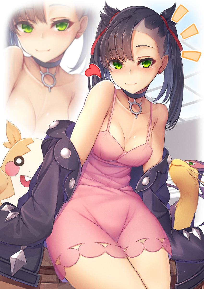 /\/\/\ 1girl :d alternate_breast_size asymmetrical_bangs bangs bare_shoulders black_choker black_hair black_jacket blush breasts choker closed_mouth dress earrings eyebrows_visible_through_hair fang gen_5_pokemon gen_8_pokemon green_eyes hair_ribbon heart highres jacket jewelry liepard looking_at_viewer mary_(pokemon) medium_breasts morpeko off_shoulder open_clothes open_jacket open_mouth pink_dress pokemon pokemon_(game) pokemon_swsh red_ribbon ribbon sitting smile solo tatapopo twintails zoom_layer