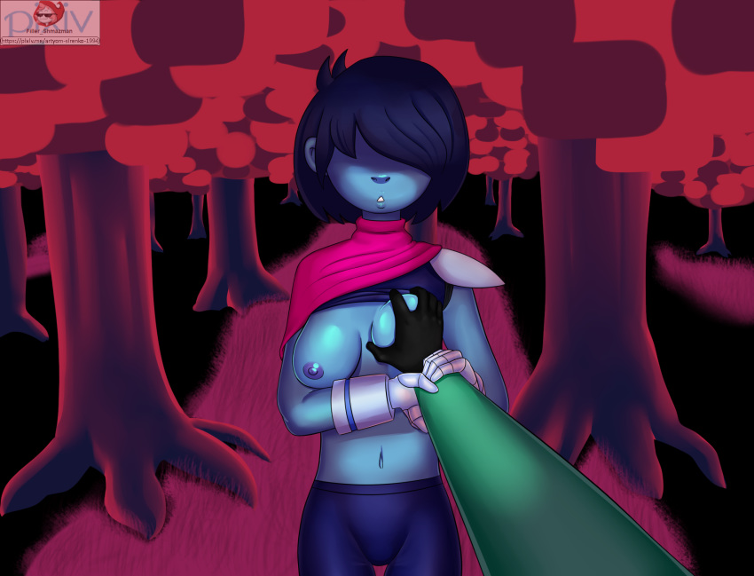 2019 ambiguous_gender breast_grab breasts deltarune disembodied_hand duo female female/ambiguous filler_shmazman first_person_view guided_breast_grab hand_on_breast hi_res human human_focus kris mammal navel nipples not_furry_focus ralsei solo_focus tree video_games