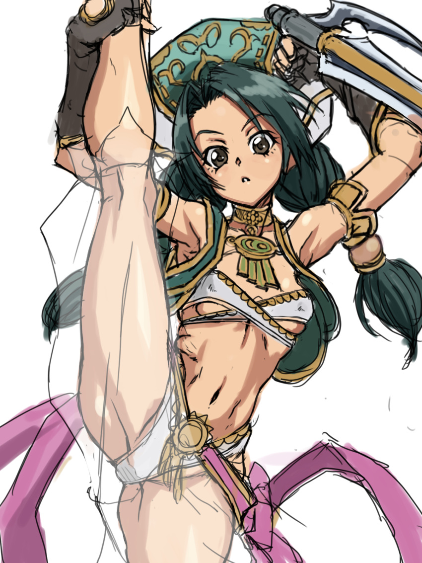 1girl braid breasts brown_eyes flexible green_hair harem_pants hat highres leg_lift leg_up long_hair looking_at_viewer panties pants see-through shiny shiny_hair shiny_skin simple_background sketch small_breasts solo soulcalibur soulcalibur_iv split standing standing_on_one_leg standing_split syunzou talim tonfa twin_braids underwear weapon white_background white_panties