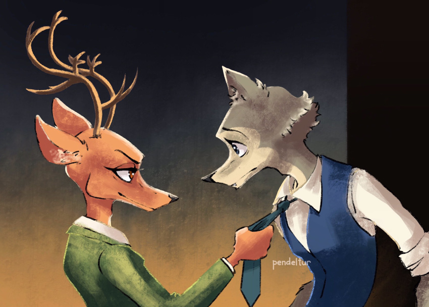 2019 anthro antlers beastars blue_eyes brown_body brown_eyes brown_fur canid canine canis cervid clothing duo eye_contact fur grey_body grey_fur hi_res horn invalid_color invalid_tag legosi_(beastars) looking_at_another louis_(beastars) male mammal multicolored_body multicolored_fur pendeltur pull smile smirk standing wide_eyed wolf