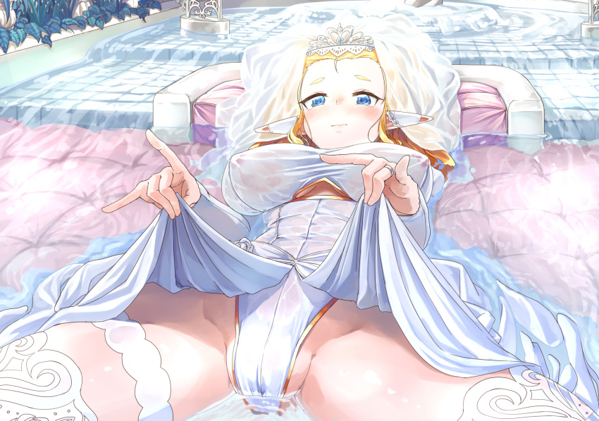 blonde_hair blue_eyes blush breasts cameltoe crown dress naka_akira original pointed_ears skirt_lift water wedding_attire