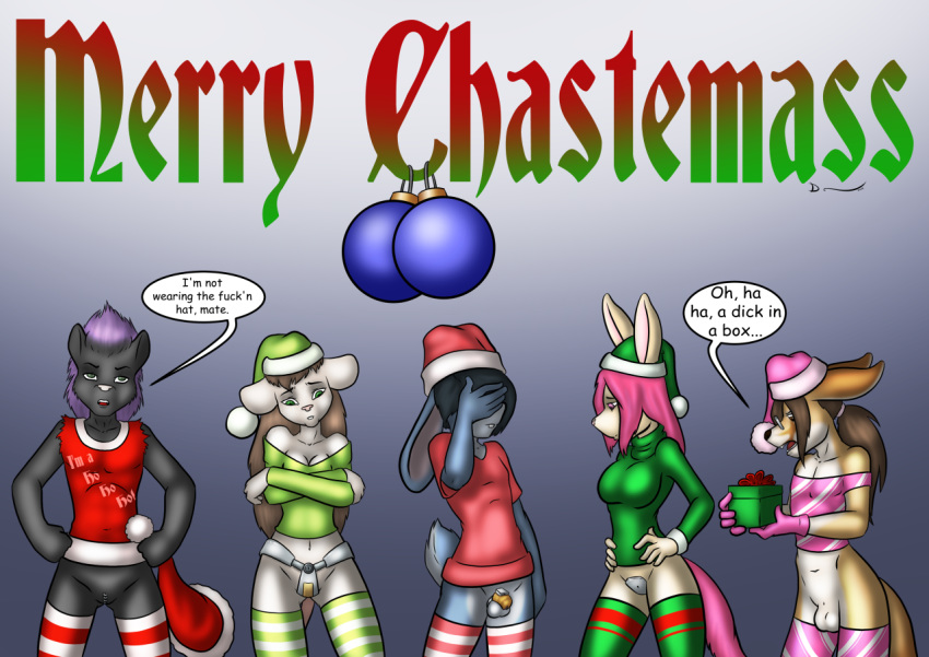 balls bottomless breasts canid canine chastity_(disambiguation) chastity_belt chastity_device chastity_piercing christmas clothed clothing danaume eulipotyphlan fennec fox genital_piercing girly hedgehog holidays lagomorph leporid male mammal mouse murid murine penectomy penis piercing rabbit rodent