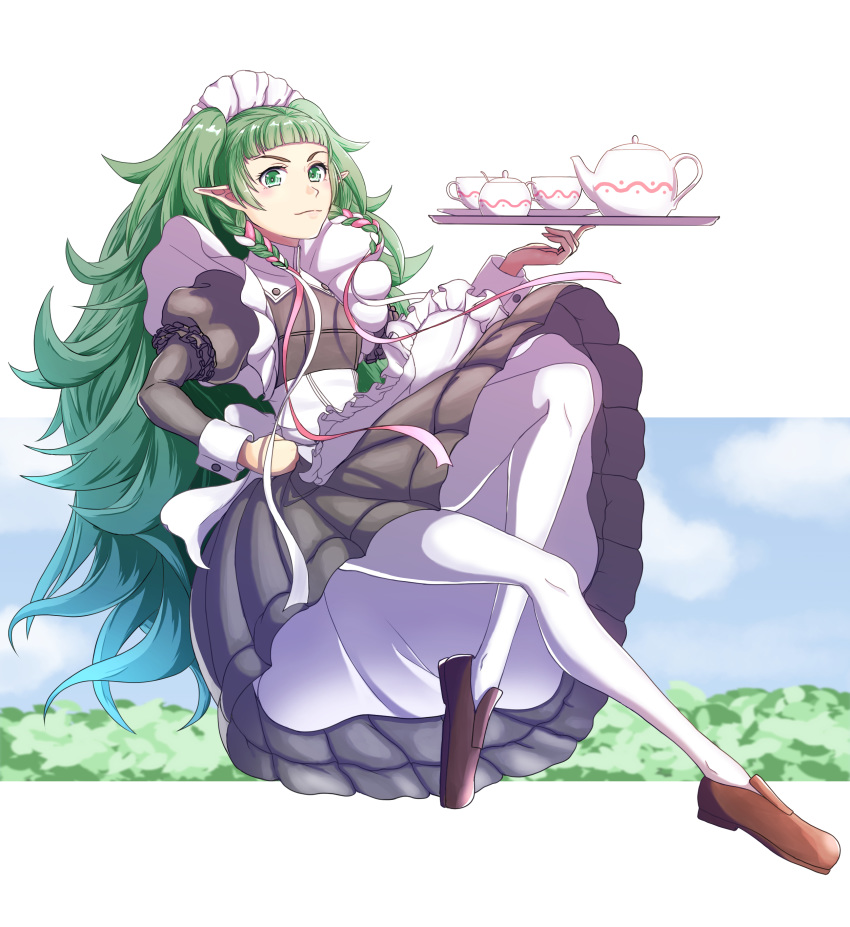 1girl absurdres braid closed_mouth cup fire_emblem fire_emblem:_three_houses full_body green_eyes green_hair gzo1206 highres holding holding_plate long_hair long_sleeves maid maid_headdress plate pointy_ears shoes solo sothis_(fire_emblem) teacup teapot twin_braids white_legwear