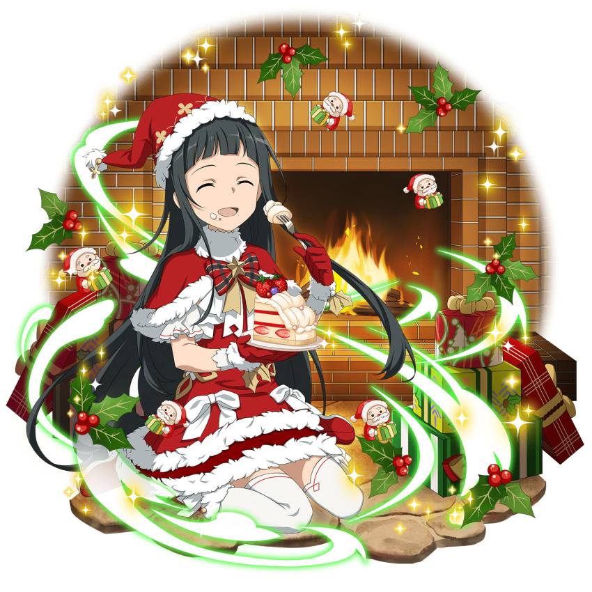 1girl black_hair box cake capelet closed_eyes dress facing_viewer fireplace floating_hair food fork fur-trimmed_capelet fur-trimmed_dress fur-trimmed_hat fur_trim garter_straps gift gift_box hat highres holding holding_fork holding_plate indoors layered_dress long_hair official_art plate red_capelet red_dress red_headwear santa_costume santa_hat shiny shiny_hair short_dress sitting solo sword_art_online thighhighs very_long_hair wariza white_legwear yui_(sao)