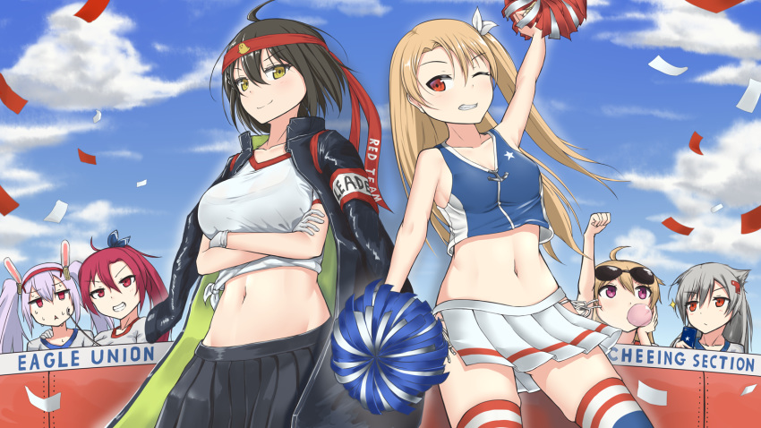 6+girls ahoge alternate_costume anchor animal_ears arm_up artist_request azur_lane baltimore_(azur_lane) bangs black_skirt blonde_hair blue_skirt braid breasts brown_hair bubble_blowing bunny_ears cellphone character_print cheerleader chewing_gum clenched_hand cleveland_(azur_lane) cloud collarbone columbia_(azur_lane) commentary_request confetti cowboy_shot crop_top crossed_arms english_text eyebrows_visible_through_hair eyewear_on_head fake_animal_ears fang french_braid gakuran grey_hair grin groin gym_uniform hachimaki hair_between_eyes hair_ears hair_flaps hairband hand_on_another's_shoulder hand_on_own_cheek headband highres jacket_on_shoulders laffey_(azur_lane) large_breasts long_hair looking_at_viewer manjuu_(azur_lane) midriff miniskirt montpelier_(azur_lane) multicolored multicolored_clothes multicolored_coat multicolored_legwear multiple_girls navel one_eye_closed one_side_up panties parted_bangs phone pleated_skirt pom_poms ponytail red_eyes red_hair riding_crop school_uniform shirt short_hair short_sleeves side-tie_panties skirt sky sleeveless small_breasts smartphone smile socks sparkle sports_festival star star_print sunglasses sweat thighhighs tied_shirt triangle_mouth twintails typo underwear white_hair white_skirt wichita_(azur_lane) yellow_eyes zettai_ryouiki