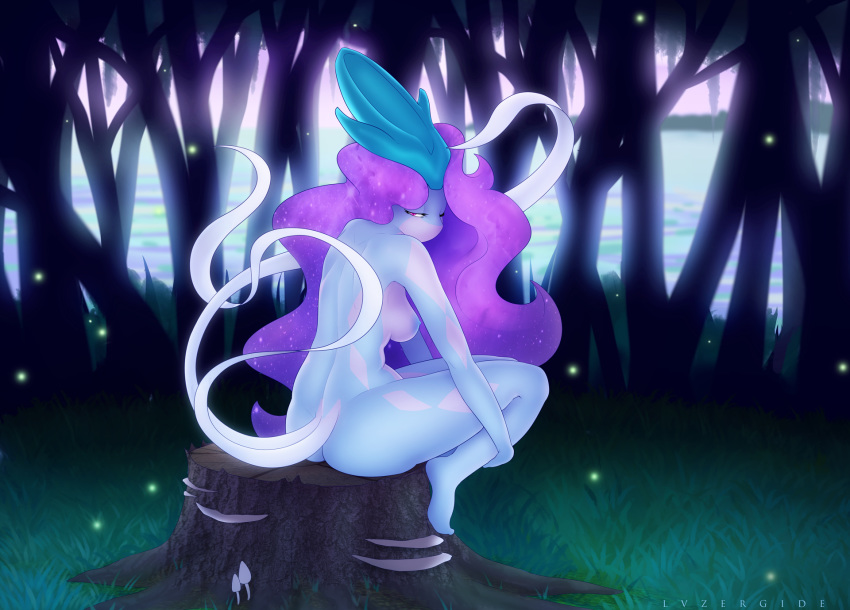 2017 anthro anthrofied biped breasts butt by-nc creative_commons female grass hi_res legendary_pok&eacute;mon lysergide nintendo nipples nude pok&eacute;mon pok&eacute;mon_(species) pok&eacute;morph sitting solo suicune tree tree_stump video_games