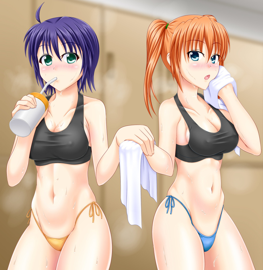 2girls ahoge black_sports_bra blue_eyes blue_hair blue_panties blush breasts cleavage collarbone covered_nipples drink eyebrows_visible_through_hair green_eyes groin highres indoors large_breasts lyrical_nanoha mahou_shoujo_lyrical_nanoha_strikers midriff misumi_takasumi multiple_girls navel open_mouth orange_hair panties shiny shiny_hair shiny_skin short_hair side-tie_panties sports_bra sportswear standing subaru_nakajima sweat teana_lanster tongue towel twintails underwear yellow_panties