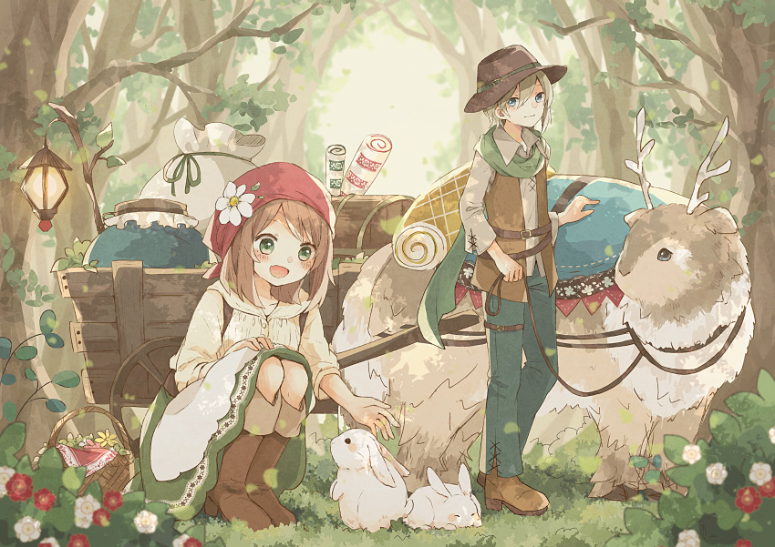 1boy 1girl :d absurdres animal antlers apron basket beast blonde_hair blue_eyes boots brown_hair bucket_hat bunny cardigan cart commentary fang fantasy flower forest grass green_eyes hat head_scarf highres huge_filesize jar knee_boots lantern light_smile long_sleeves nature open_mouth original outdoors pants plant pullcart sack scarf scroll skin_fang skirt smile squatting standing treasure_chest tree tukimisou0225 vest wagon