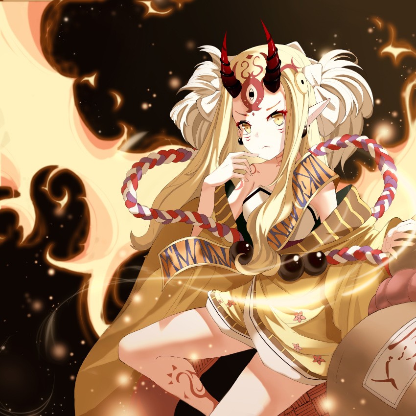 1girl absurdres black_earrings blonde_hair commentary_request earrings facial_mark fate/grand_order fate_(series) forehead_tattoo hand_up highres horns ibaraki_douji_(fate/grand_order) jewelry long_hair pointy_ears red_horns sidelocks solo tagme tattoo user_ktxf5744 yellow_eyes