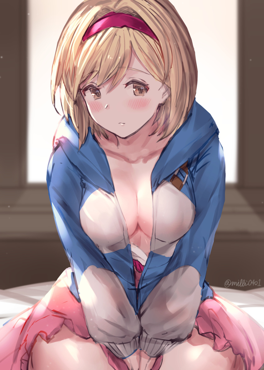 1girl bangs between_legs blue_jacket blush breasts brown_eyes cleavage closed_mouth collarbone commentary_request djeeta_(granblue_fantasy) eyebrows_visible_through_hair granblue_fantasy hair_between_eyes hairband hand_between_legs highres hood hood_down hooded_jacket jacket light_brown_hair long_sleeves looking_at_viewer medium_breasts milli_little open_clothes open_jacket pink_skirt puffy_long_sleeves puffy_sleeves red_hairband skirt solo twitter_username