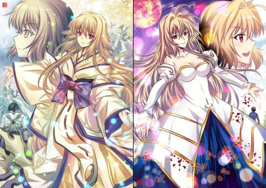 2boys 2girls ahoge archetype_earth arcueid_brunestud bare_shoulders blonde_hair breasts character_request cleavage commentary detached_sleeves dress eyebrows_visible_through_hair full_moon girl_of_the_moon_(tsuki_no_sango) hair_intakes highres japanese_clothes karaginu_mo kimono large_breasts layered_clothing layered_kimono light_particles long_hair long_sleeves looking_up moon multiple_boys multiple_girls red_eyes riyun_(halodark) seashell shell short_hair smile strapless strapless_dress toono_shiki tree tsuki_no_sango tsukihime tukihimegoto very_long_hair wood