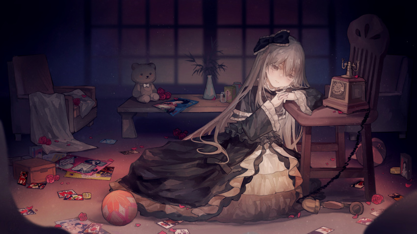 1girl armchair ball bangs blank_eyes blank_stare bow box card chair commentary_request dark dress duel_monster flower frilled_bow frilled_dress frilled_shirt_collar frilled_sleeves frills full_body ghost_belle_&amp;_haunted_mansion gothic_lolita grey_eyes grey_hair hair_bow hanafuda indoors interlocked_fingers leaning_on_object lolita_fashion long_hair long_sleeves looking_at_viewer mansion messy_room no.18 petals phone plant poster_(object) potted_plant rose rose_petals rotary_phone solo stuffed_animal stuffed_toy table teddy_bear wide_sleeves window yuu-gi-ou