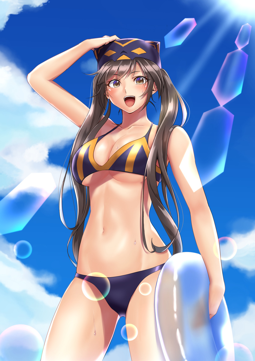 1girl absurdres alternate_costume bangs bare_shoulders beach bikini breasts cat_mask cleavage cloud collarbone commentary_request cowboy_shot day duel_monster hand_on_headwear highres holding holding_innertube i:p_masquerena innertube large_breasts lens_flare light_rays long_hair looking_at_viewer midriff multicolored_bikini_top muto_dt navel open_mouth purple_bikini purple_eyes sidelocks sky solo sunbeam sunlight sweat swimsuit upper_teeth yuu-gi-ou