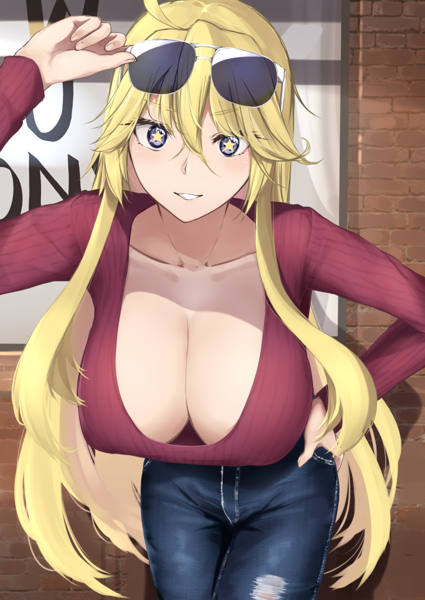 1girl absurdres adjusting_eyewear ahoge aviator_sunglasses bangs blonde_hair blue_eyes breasts brick_wall casual cleavage collarbone commentary_request denim downblouse eyebrows_visible_through_hair eyewear_on_head hand_on_hip highres iowa_(kantai_collection) jeans kantai_collection large_breasts leaning_forward pants scoop_neck sidelocks smile star star-shaped_pupils sunglasses sweater symbol-shaped_pupils tokorotn