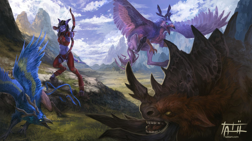 2019 3_toes 4_toes 5_fingers arrow avian blizzard_entertainment bow breasts brown_body brown_fur clothed clothing day detailed_background digital_media_(artwork) draenei female fingers fur grass hippogryph holding_object holding_weapon hooves humanoid midriff navel open_mouth outside sky standing tatiilange teeth toes tongue video_games warcraft weapon