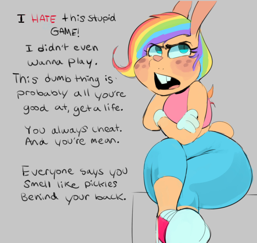 absurd_res anthro blue_eyes bonkers_(vimhomeless) buckteeth clothed clothing crossed_arms dialogue english_text freckles girly grumpy hair hi_res lagomorph leporid male mammal multicolored_hair rabbit rainbow_hair rude solo teeth text thick_thighs vimhomeless wide_hips