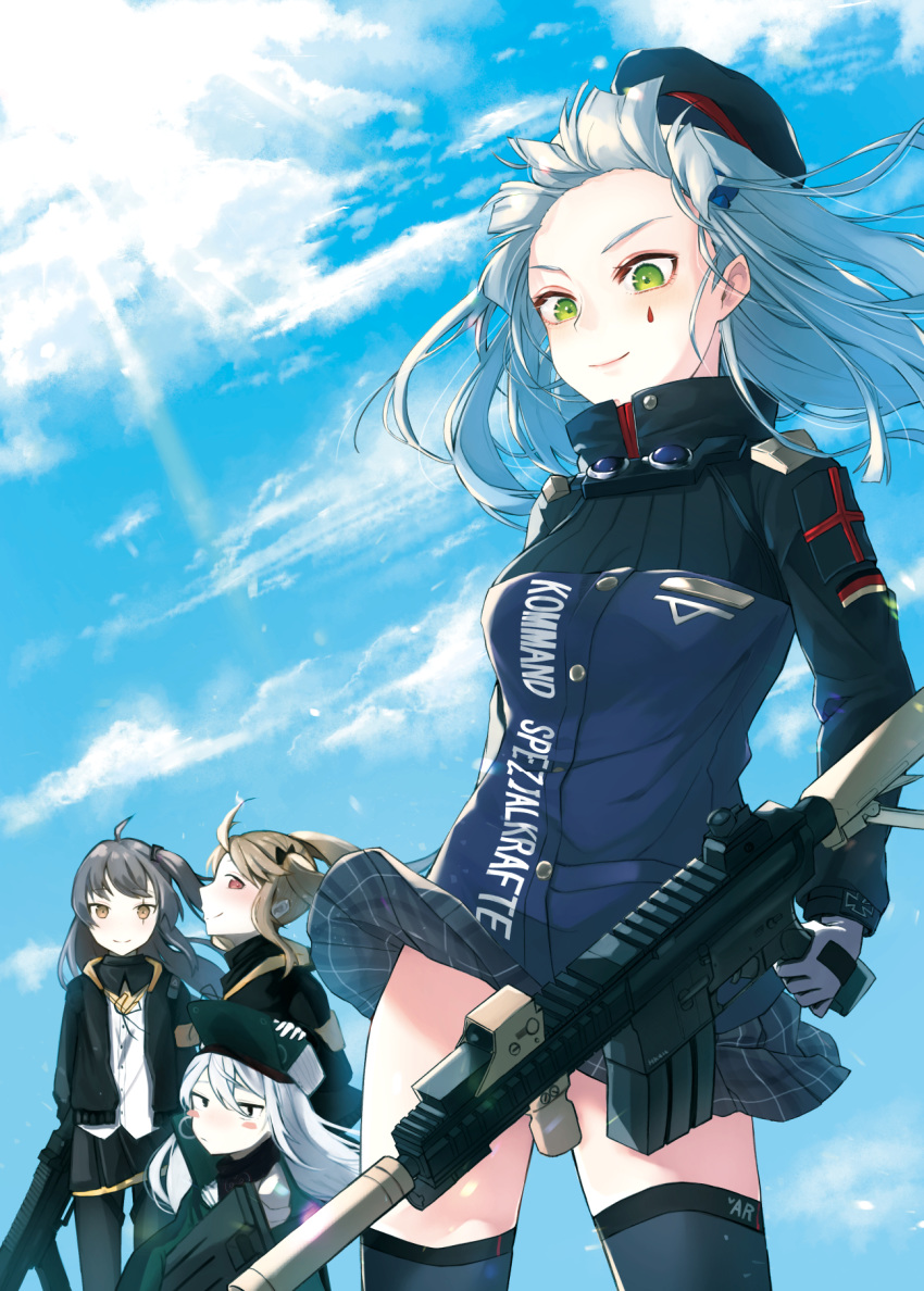 404_(girls_frontline) 4girls assault_rifle bangs beret black_legwear blush brown_eyes brown_hair bullpup clothes_writing day eyebrows_visible_through_hair fingerless_gloves floating_hair g11_(girls_frontline) girls_frontline gloves green_eyes grey_hair gun h&amp;k_g11 h&amp;k_hk416 hair_between_eyes hair_ornament hat heckler_&amp;_koch highres hk416_(girls_frontline) holding holding_gun holding_weapon jacket long_hair looking_at_viewer multiple_girls one_side_up open_clothes outdoors pantyhose plaid plaid_skirt rifle sakana-ko scar scar_across_eye shirt silver_hair skirt skirt_lift smile thighhighs thighs twintails ump45_(girls_frontline) ump9_(girls_frontline) very_long_hair weapon white_shirt wind