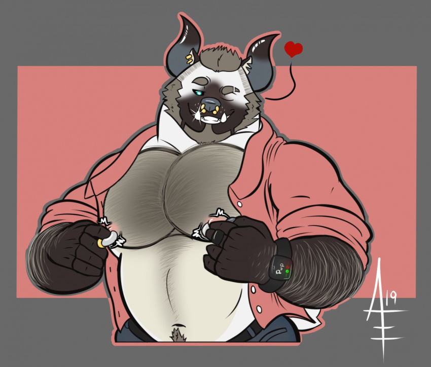 &lt;3 2019 aereous aerrow anthro blue_eyes body_hair bovid bovine cattle chest_hair clothed clothing hairy hairy_arms hybrid looking_at_viewer male mammal muscular nipple_piercing nipple_play nipples open_shirt piercing shirt smile smirk solo topwear