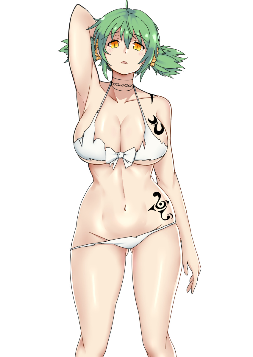 1girl :&lt; absurdres alternate_hairstyle battle_damage bikini bow_bikini breast_tattoo breasts green_hair hand_behind_head highres hikage_(senran_kagura) hip_focus large_breasts ponytail senran_kagura senran_kagura_peach_beach_splash solo swimsuit tattoo thighs torn_bikini white_bikini yellow_eyes zatsu