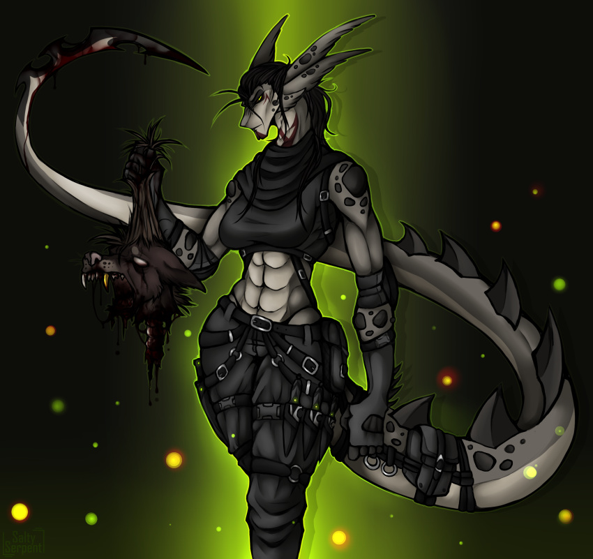abs anthro baggy belt blades blood bodily_fluids breasts clothed clothing decapitation female gore hair hi_res holding_object knife looking_at_viewer melee_weapon muscular open_mouth ponytail saltyserpent scalie severed_head spikes standing warrior weapon zird