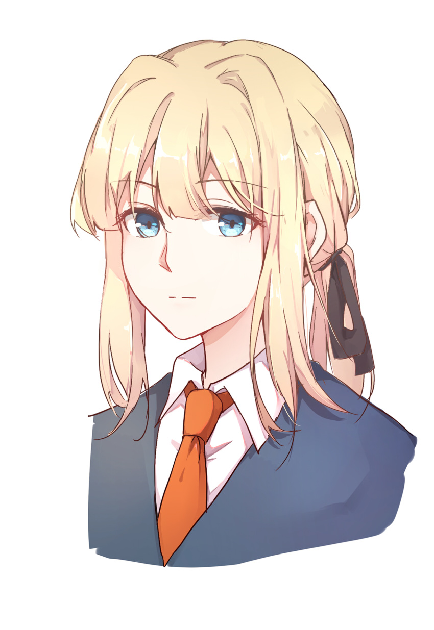 1girl :| bangs blonde_hair blue_eyes close-up closed_mouth collar collared_shirt eyebrows_visible_through_hair face gemi_25 hair_between_eyes hair_intakes hair_ornament hair_ribbon highres long_hair looking_at_viewer necktie neckwear red_neckwear ribbon shirt sidelocks solo upper_body violet_evergarden violet_evergarden_(character) waistcoat white_shirt