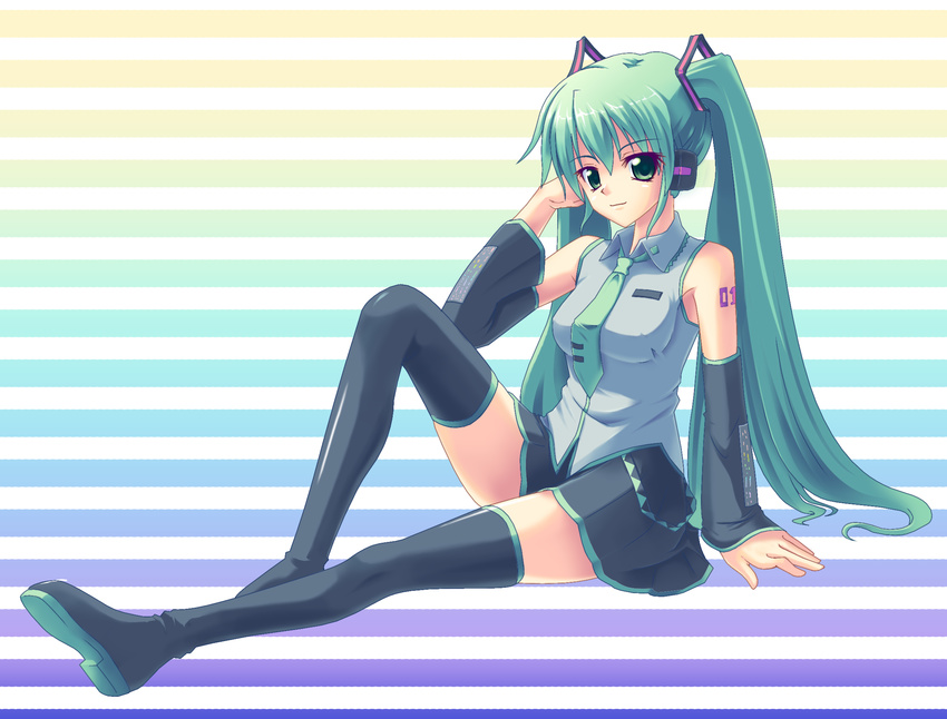 arm_support boots detached_sleeves fujisaki_miharu_(3275) green_eyes green_hair hatsune_miku highres long_hair necktie sitting skirt solo thigh_boots thighhighs twintails very_long_hair vocaloid