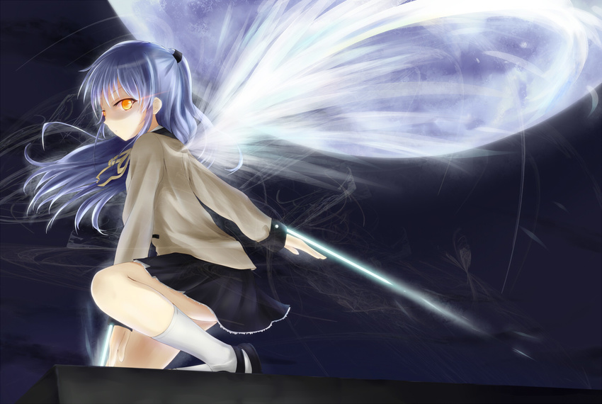 angel_beats! bad_id bad_pixiv_id blazer blue_hair full_moon glowing glowing_eyes jacket kneeling long_hair moon night pleated_skirt school_uniform shimoku skirt solo tenshi_(angel_beats!) wings yellow_eyes