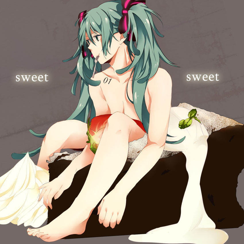 aqua_eyes aqua_hair bad_id bad_pixiv_id barefoot breasts cake cleavage convenient_leg english feet food fork fruit hands hatsuko hatsune_miku highres in_food long_hair looking_away medium_breasts minigirl mouth_hold nude sitting solo strawberry twintails vocaloid