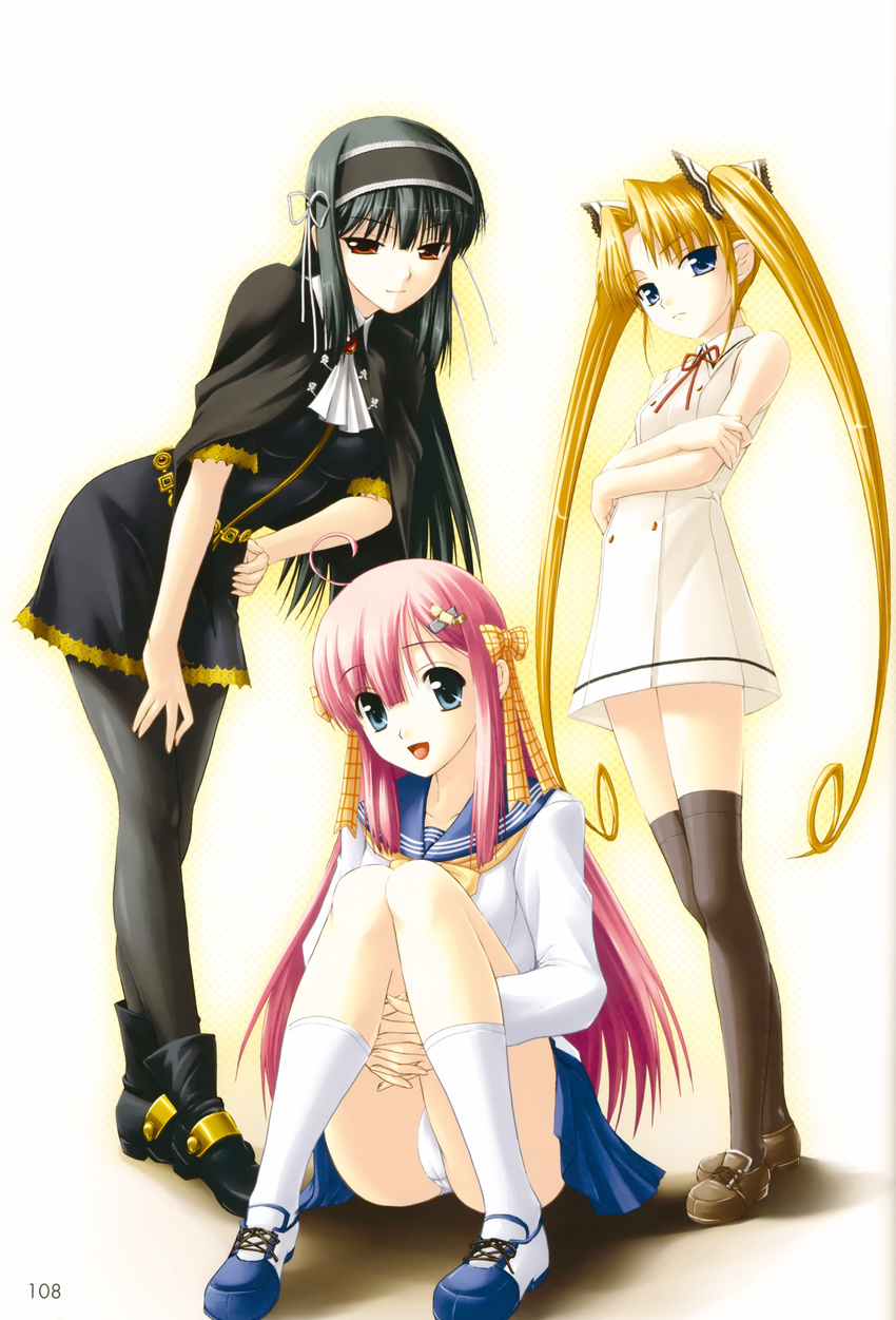 absurdres blonde_hair highres kimi_ga_aruji_de_shitsuji_ga_ore_de kuonji_miyu kuonji_shinra kuonji_yume multiple_girls non-web_source panties pantyhose pink_hair school_uniform serafuku shironeko_sanbou siblings sisters thighhighs twintails underwear zettai_ryouiki