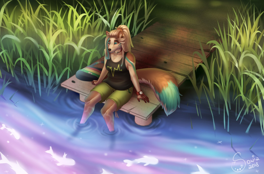 2019 5_fingers anthro black_nose canid canine clothed clothing day detailed_background female fingers fish fox group mammal marine outside partially_submerged shirt sitting solo sowia tank_top topwear water