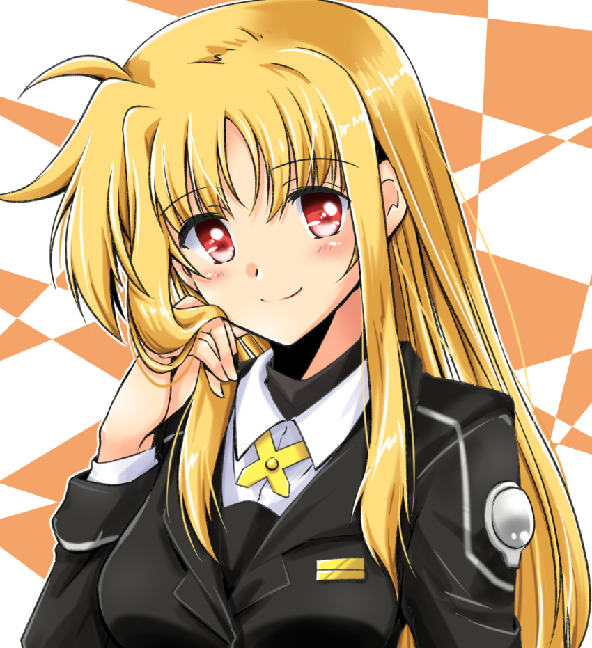 1girl ahoge black_jacket blonde_hair closed_mouth collared_shirt fate_testarossa hand_in_hair highres jacket long_hair long_sleeves looking_at_viewer lyrical_nanoha red_eyes san-pon shiny shiny_hair shirt smile solo uniform upper_body white_shirt wing_collar