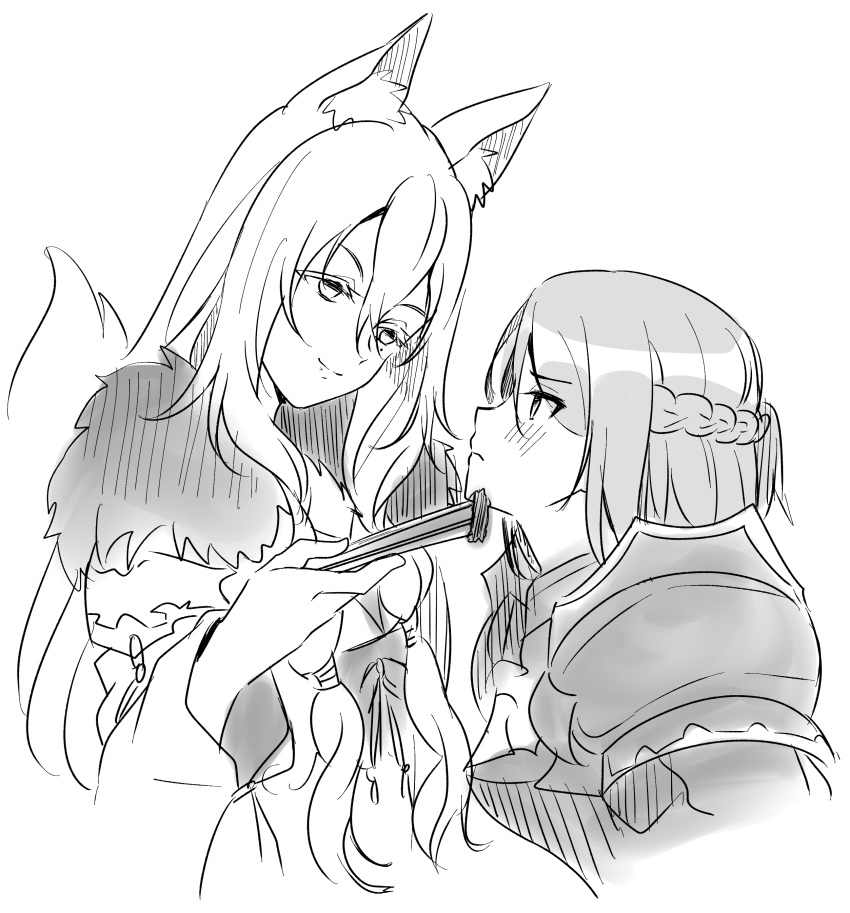 2girls absurdres animal_ear_fluff animal_ears bangs blush braid breastplate character_request closed_fan closed_mouth cropped_torso eye_contact eyebrows_visible_through_hair fan folding_fan fox_ears fox_girl fox_tail fur_collar greyscale hair_between_eyes highres holding holding_fan ichiren_namiro looking_at_another mole mole_under_eye monochrome multiple_girls parted_bangs pauldrons princess_connect! princess_connect!_re:dive shirogane_jun short_hair simple_background sketch smile tail tail_raised upper_body white_background