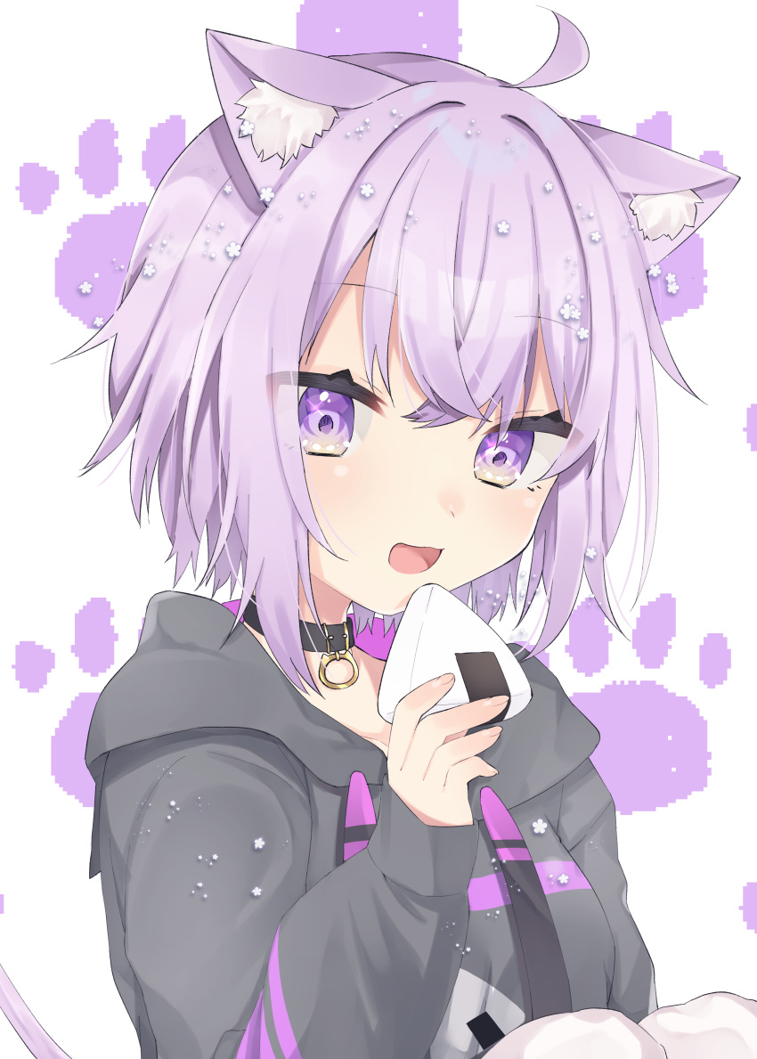 1girl :d abe_suke absurdres ahoge animal_ear_fluff animal_ears bangs black_hoodie cat_ears cat_girl cat_tail commentary_request drawstring eyebrows_visible_through_hair food hair_between_eyes highres holding holding_food hololive hood hood_down hoodie looking_at_viewer nekomata_okayu onigiri open_mouth purple_eyes purple_hair short_hair smile solo tail upper_body virtual_youtuber