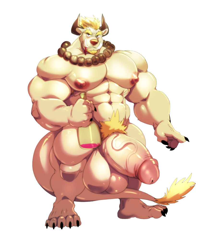 2019 5_fingers 5_toes anthro armpit_hair balls beard behemoth beverage big_balls big_muscles big_nipples black_claws black_horn blonde_hair body_hair brown_nose claws cursedmarked eyebrows facial_hair fingers fur hair hi_res horn huge_balls huge_muscles hyper hyper_balls hyper_penis jewelry kone_(madcow100) madcow100 male muscular muscular_male necklace nipples nude penis pink_nipples plantigrade pubes solo standing thick_eyebrows thick_penis toes vein veiny_penis white_body white_fur