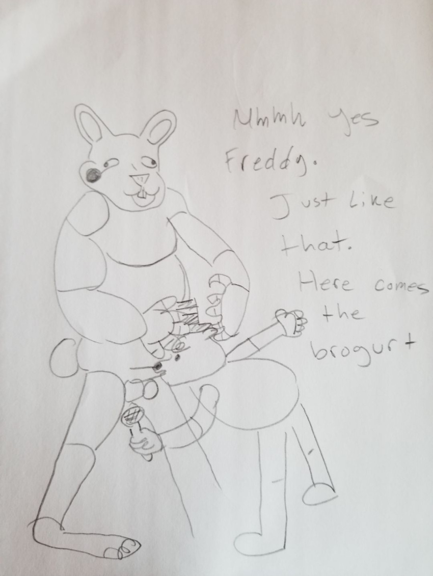 balls bonnie_(fnaf) dialogue fellatio five_nights_at_freddy's freddy_(fnaf) lagomorph leporid male male/male mammal oral penile penis rabbit sex simple_background ursid video_games